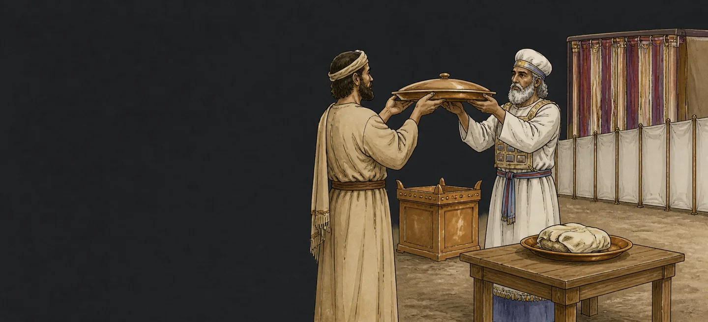 A priest lifting the breast of a peace offering in the wave gesture before the altar.