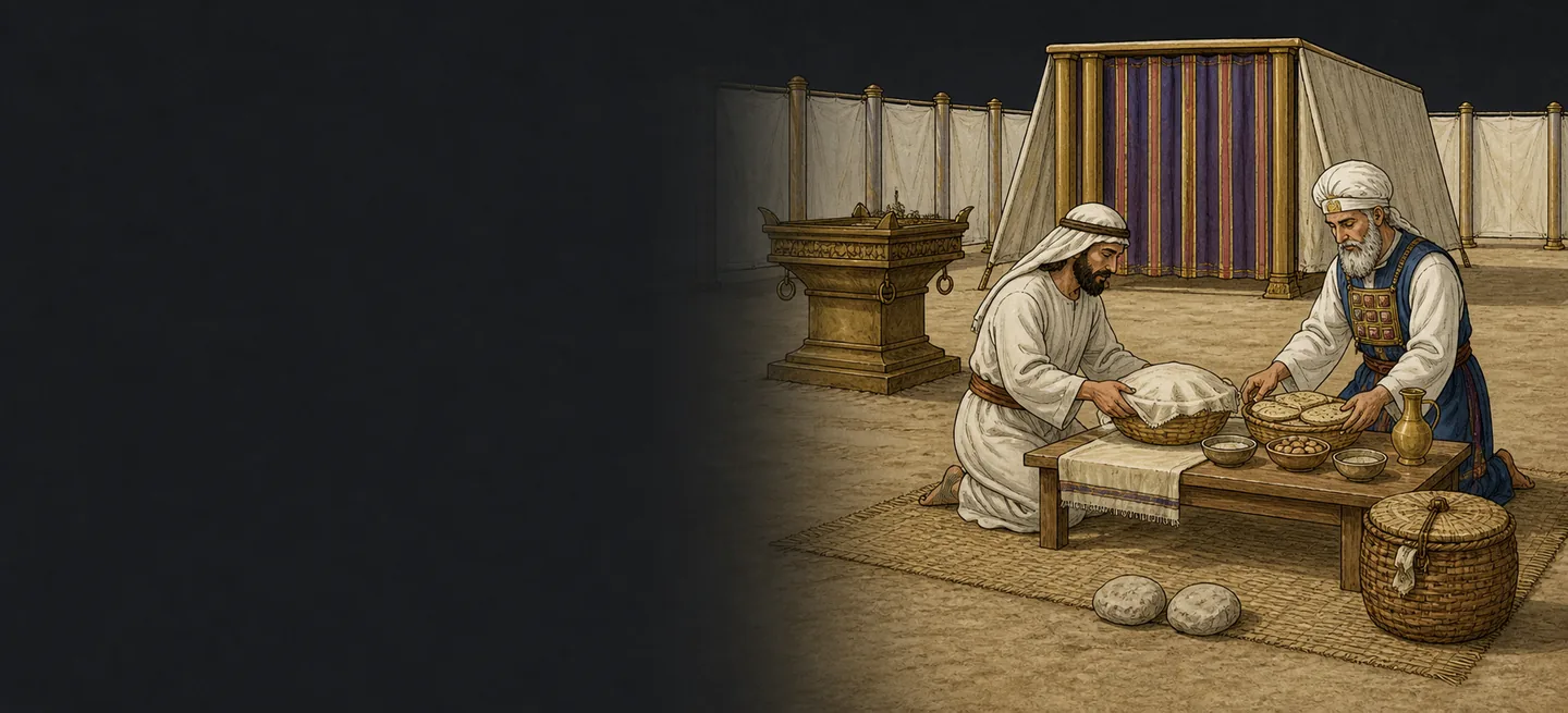 A priest and a man kneeling together over a peace offering beside the bronze altar.