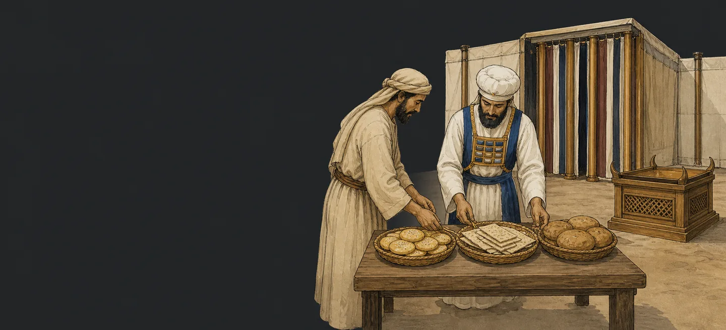 A family sharing a thanksgiving meal of bread and meat outside the tabernacle courtyard.