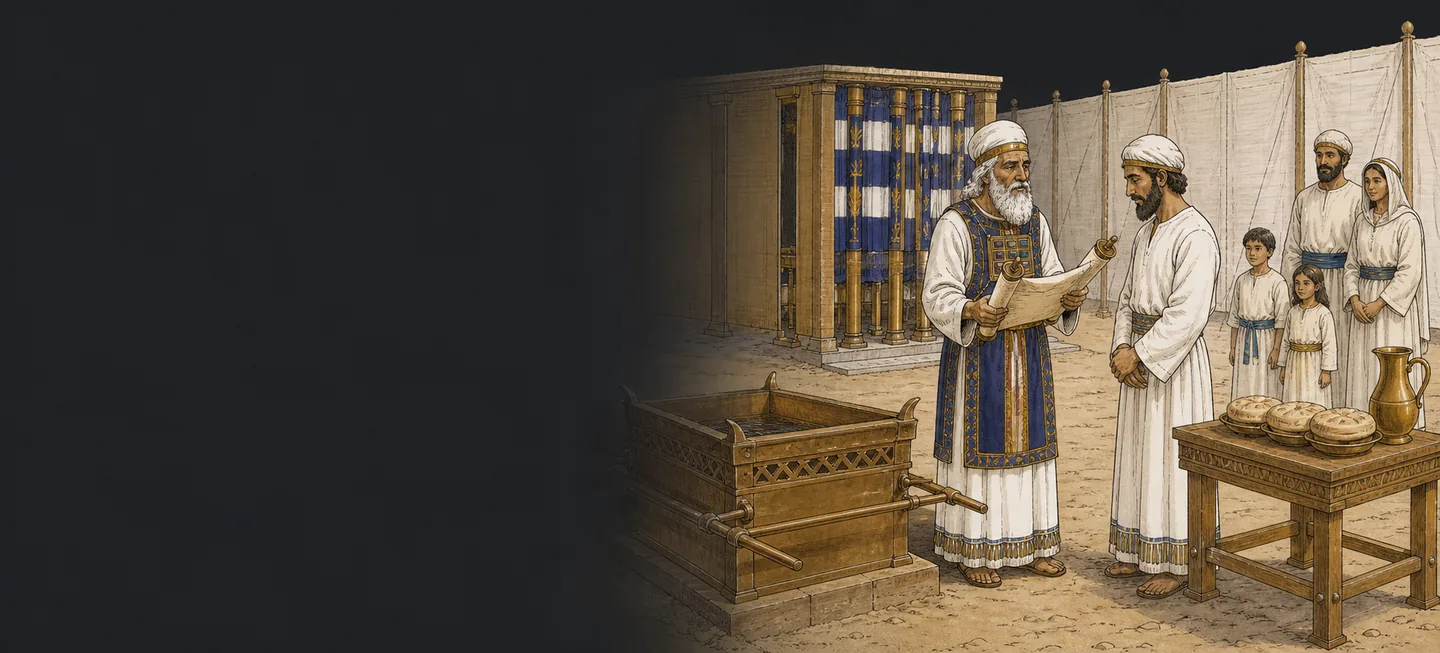 The high priest reading from a scroll to a younger priest while a family stands by.