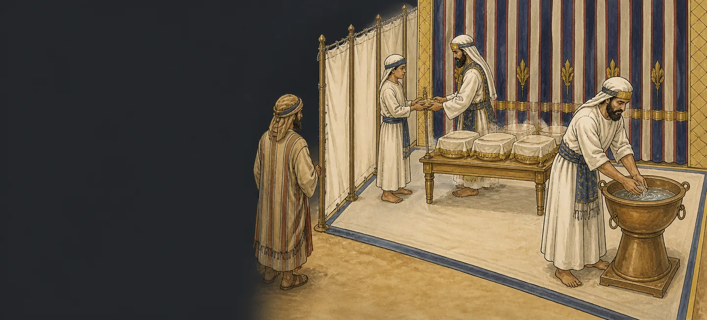 A priest handing bread to a boy beside the table of the showbread, another washing at a basin.