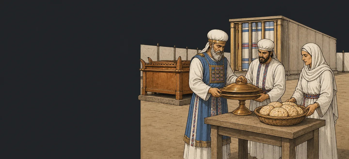 The high priest handing a covered dish to a priest and a woman in the tabernacle courtyard, bread on a tray beside them.