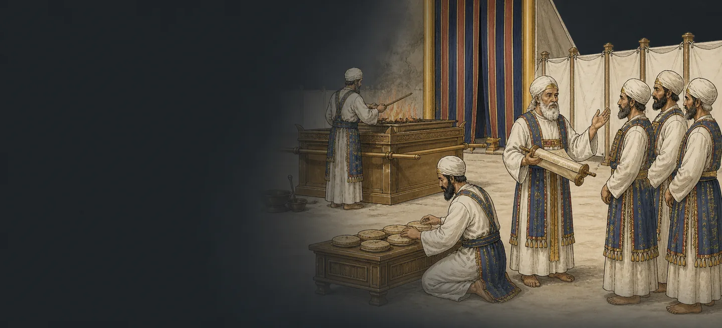 An elder priest reading from a scroll to three younger priests while another tends the altar fire.