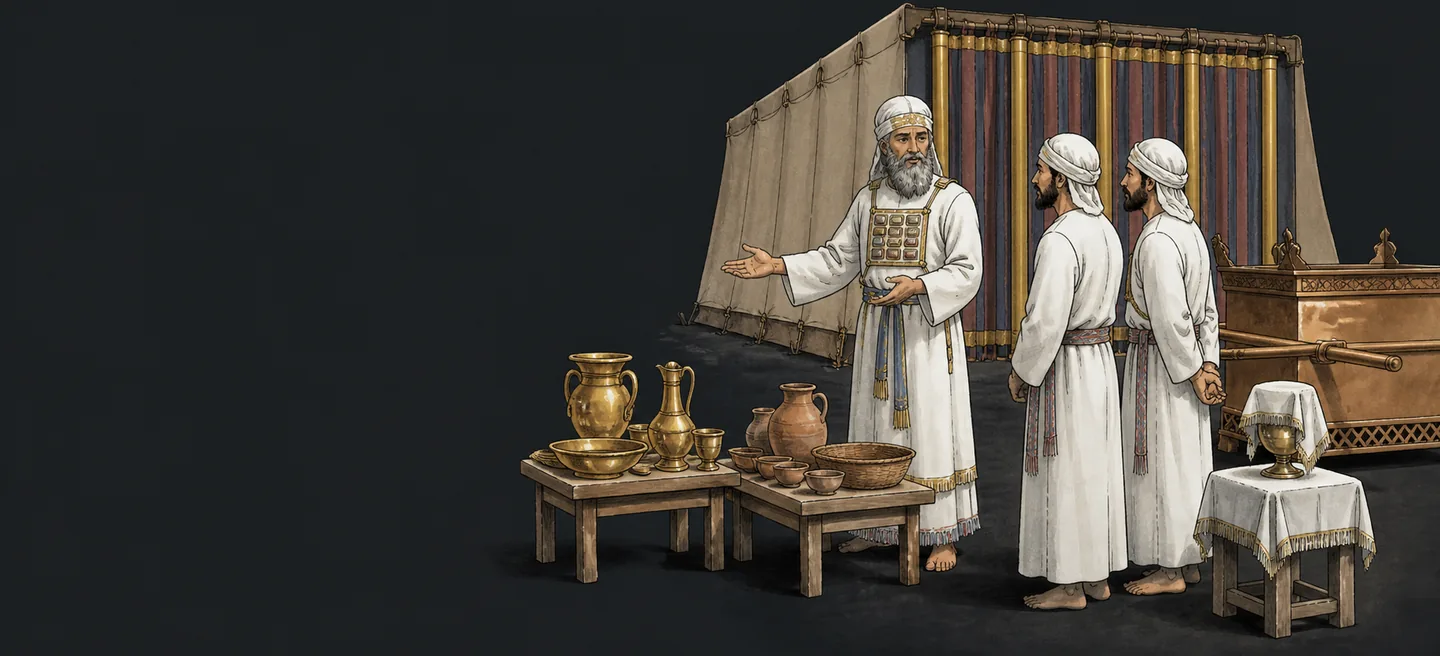 The high priest addressing two younger priests before the tent of meeting, vessels set out at his feet.