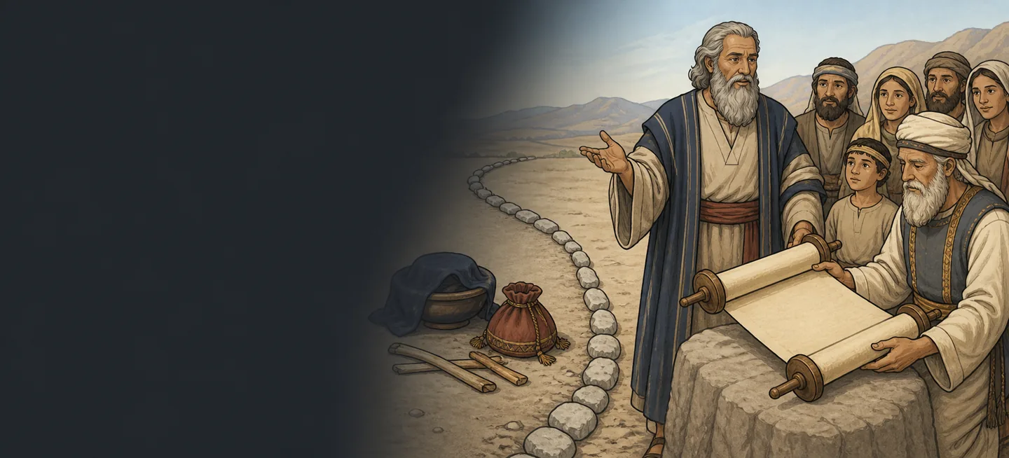 A white-bearded man speaking with one hand raised beside a stone where an elder holds an open scroll, a diviner’s covered bowl and pouch left on the sand behind him.