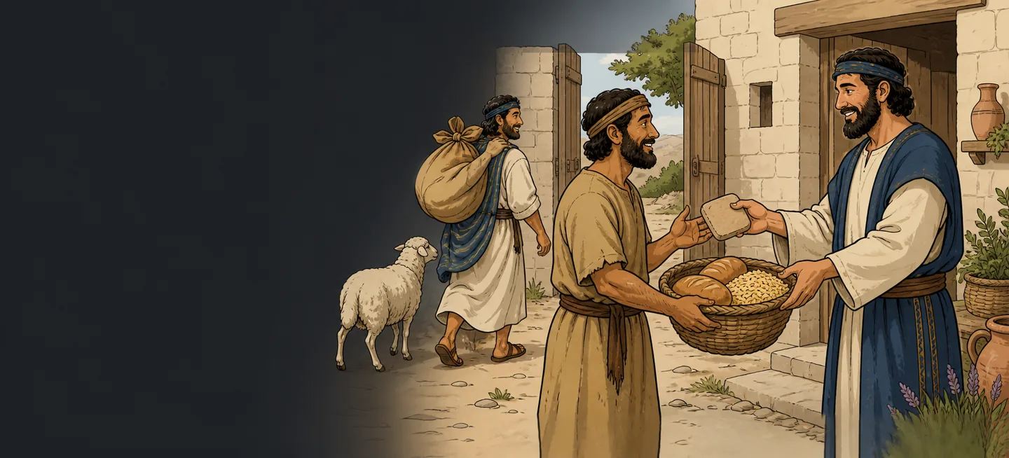 A man handing bread from a basket to a neighbor at his door while another walks away with a full sack over his shoulder and a sheep following.
