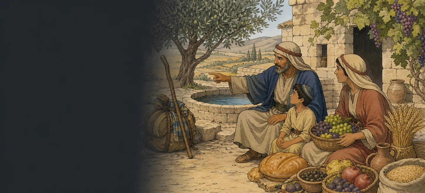 A man pointing out over terraced fields from beside a full cistern, a boy at his side and a woman among baskets of grapes, bread, figs and grain.
