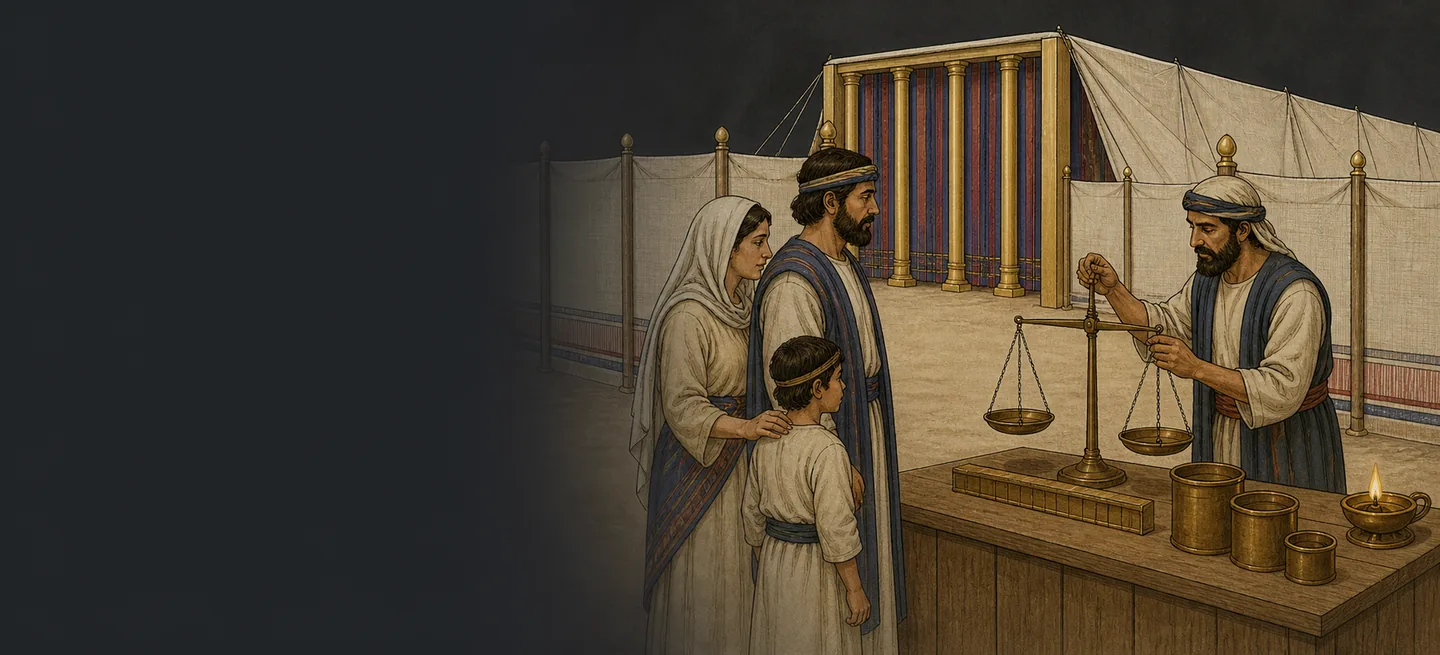 A man checking a set of balance scales while a family watches, the tabernacle behind them.