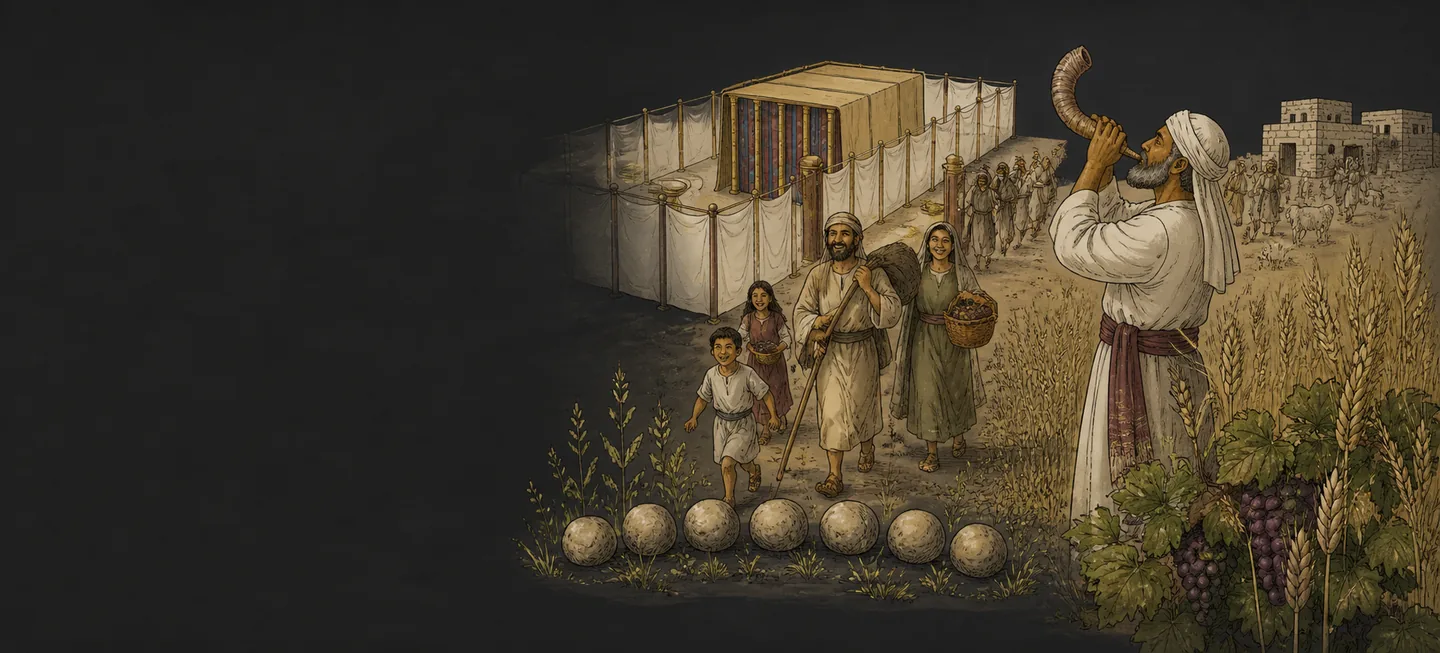 A man sounding a ram’s horn over ripe fields while families walk home along the road past the tabernacle.