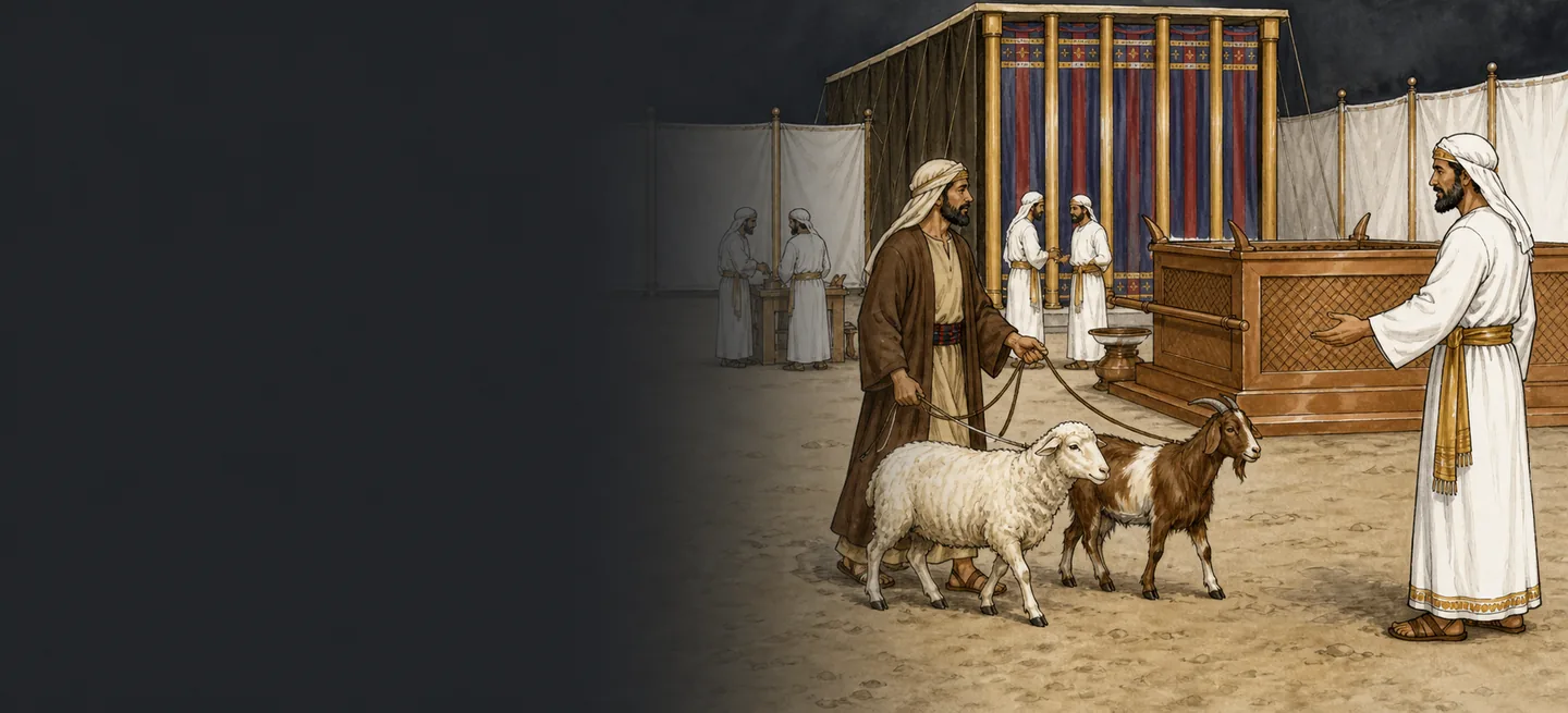 A man bringing an ox to the bronze altar where a priest waits with open hands.