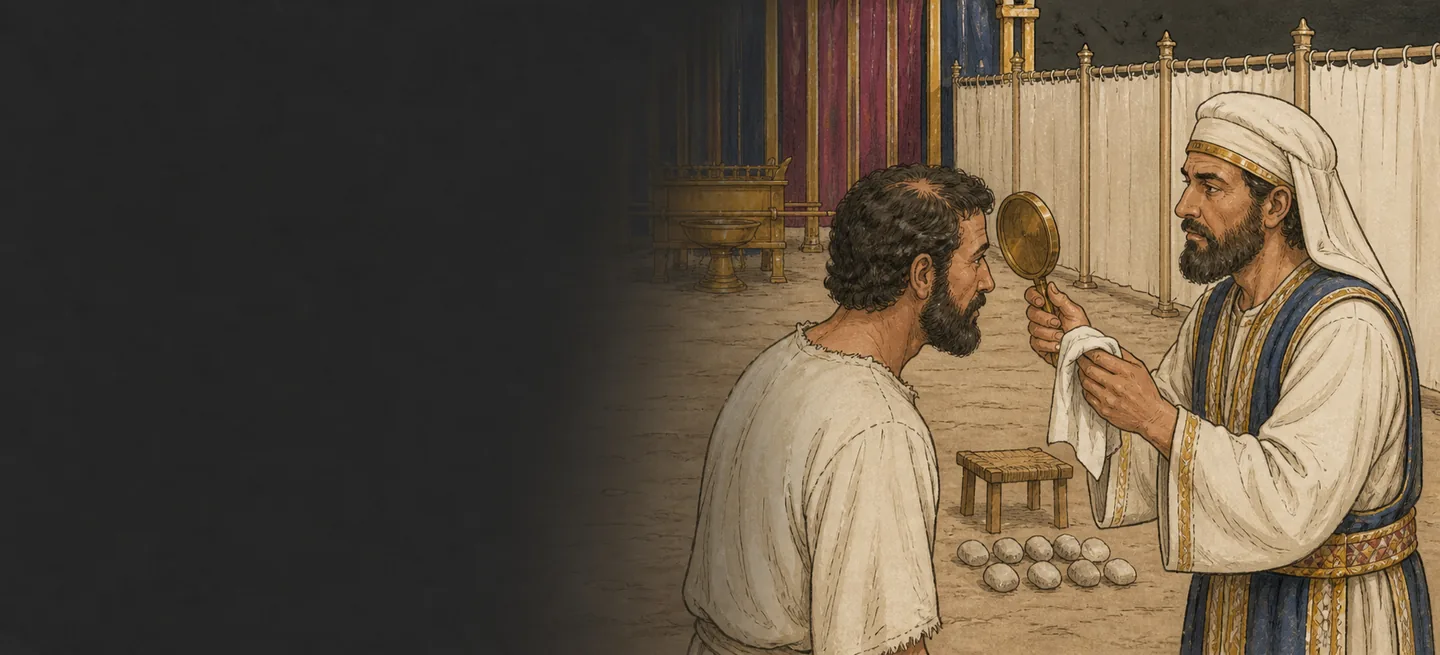 A priest holding a bronze mirror to a man’s head to examine his scalp.