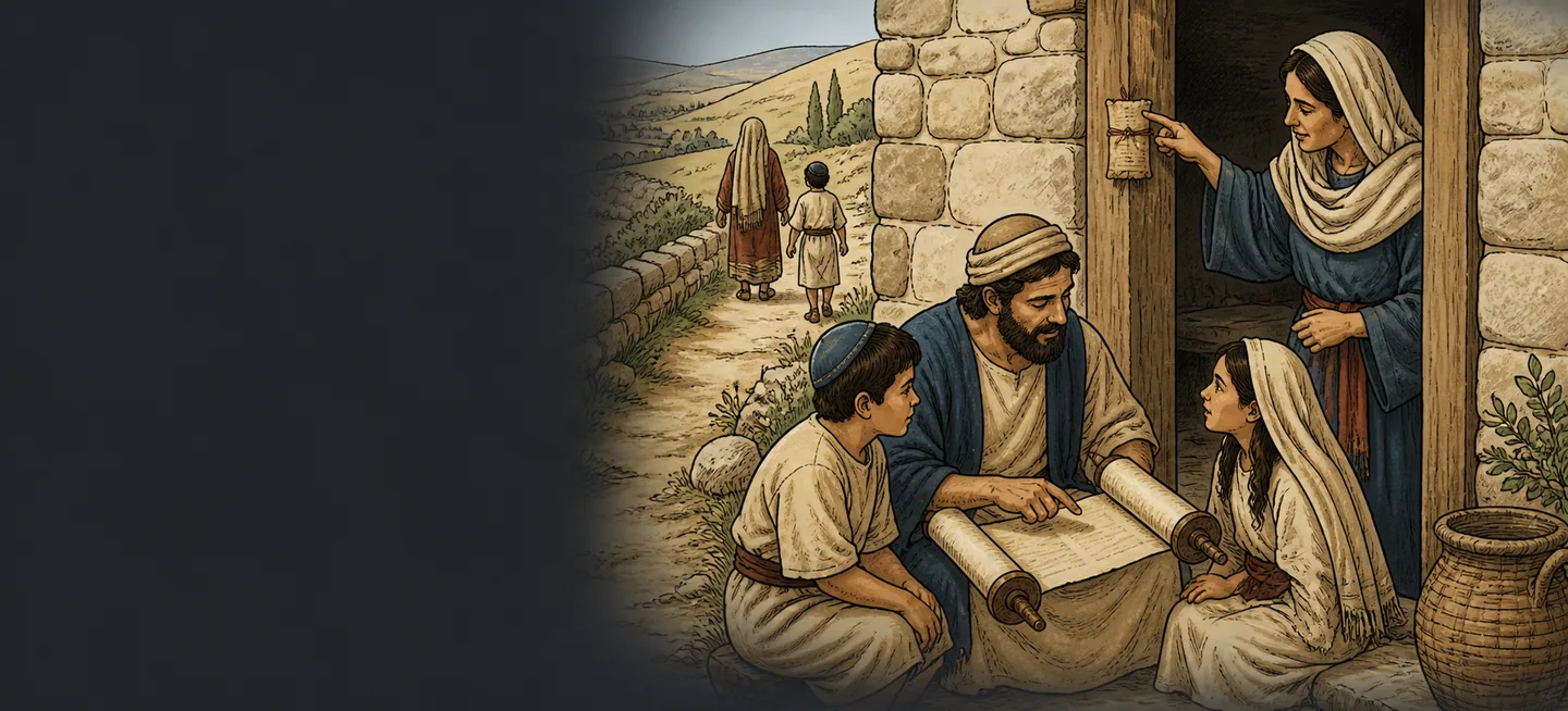 A father reading from a scroll to two children on the step of a house while a woman touches the small case fixed to the doorpost.