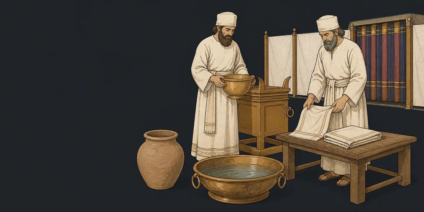 A priest washing a blood-spattered garment beside a bronze basin in the holy place.