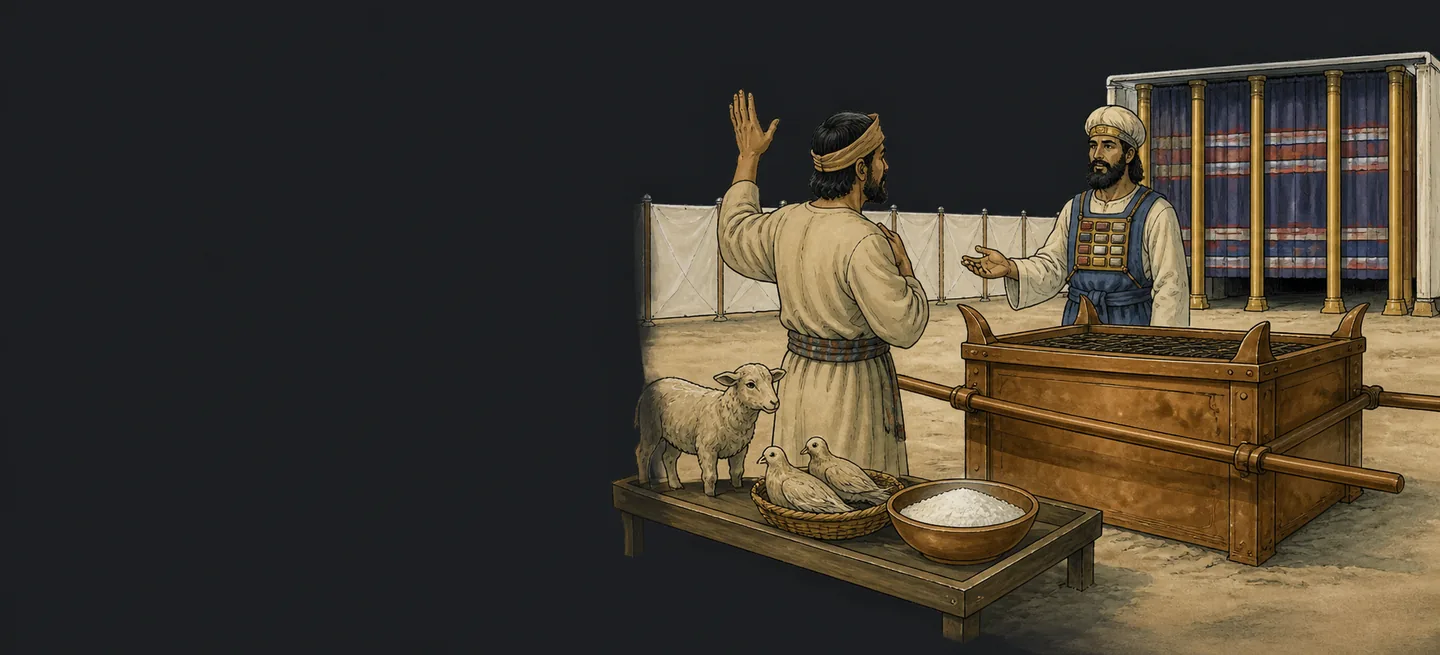 A worshipper holding two turtledoves before a priest in the tabernacle courtyard.