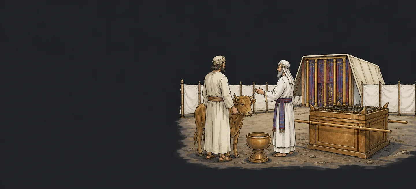A priest sprinkling blood before the veil of the tabernacle, a bull laid on the altar behind him.