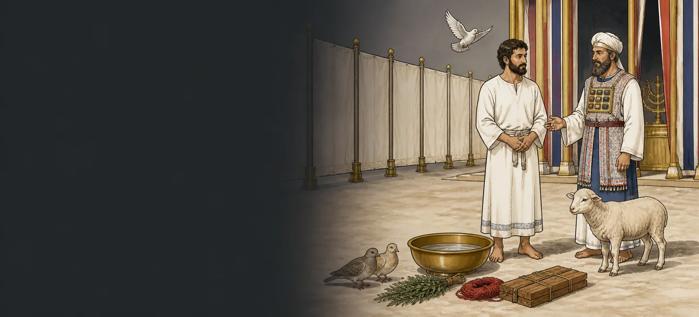 A priest receiving a healed man outside the tabernacle as a released bird flies overhead.
