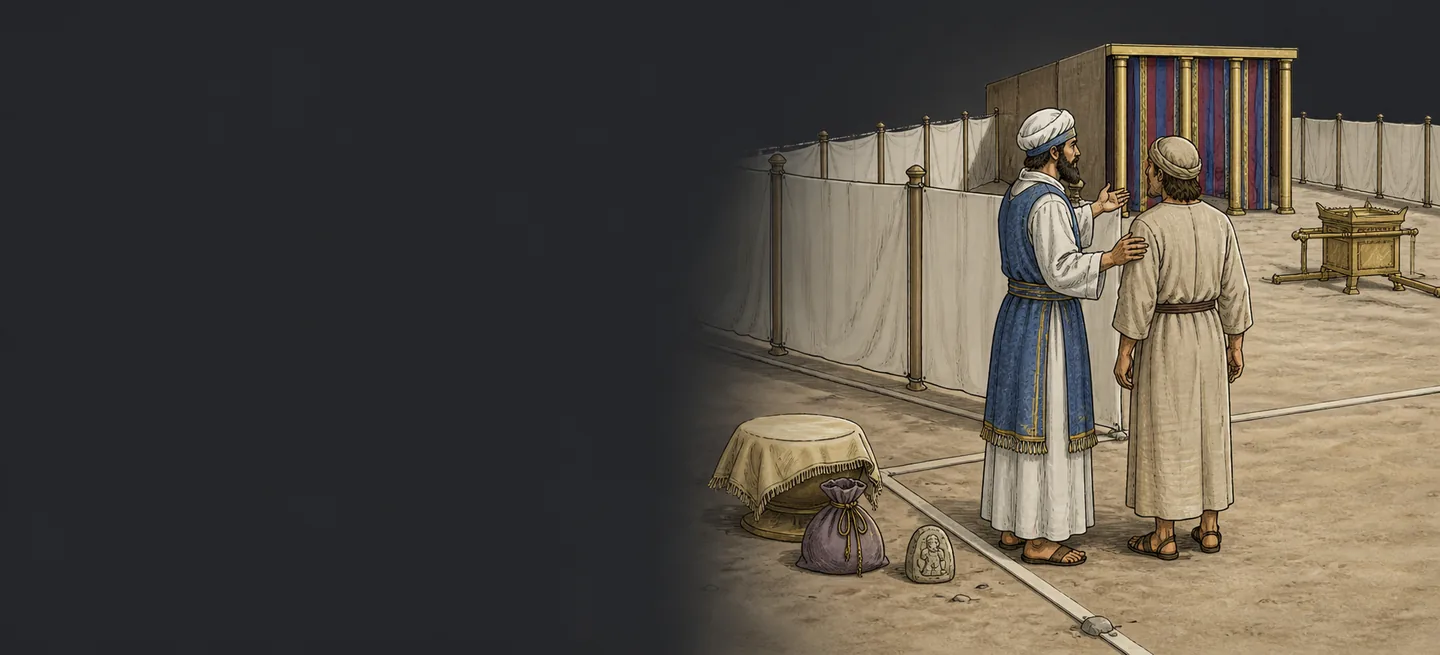 A priest laying a hand on a man’s shoulder and turning him back toward the tabernacle.