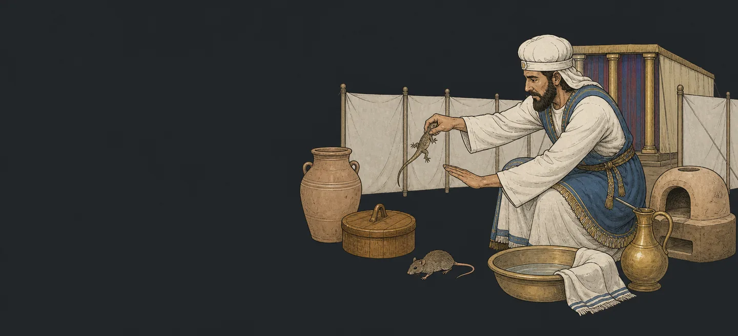 A priest holding a dead lizard away from clay jars and a small oven in the courtyard.