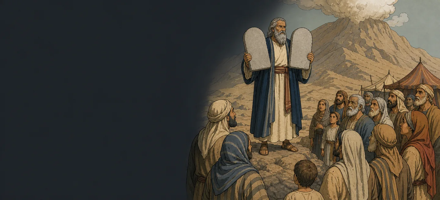 Moses holding up two stone tablets before a gathered crowd, a smoking mountain behind him and the tents of the camp at its foot.