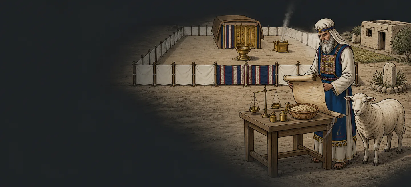 A priest reading from a scroll at a table of balance scales and weights, a sheep standing beside him and the tabernacle court behind.