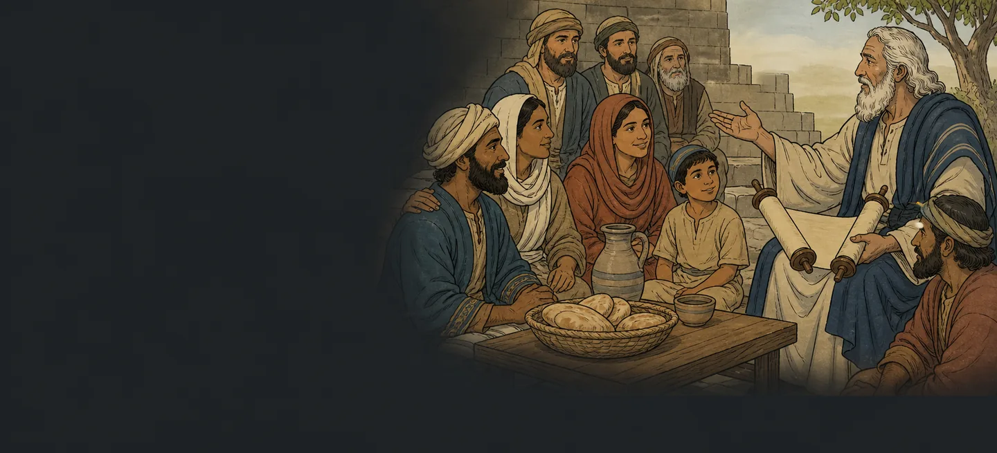 A white-bearded man with an open scroll speaking to families seated around a low table of bread and water, a stone stairway behind them.