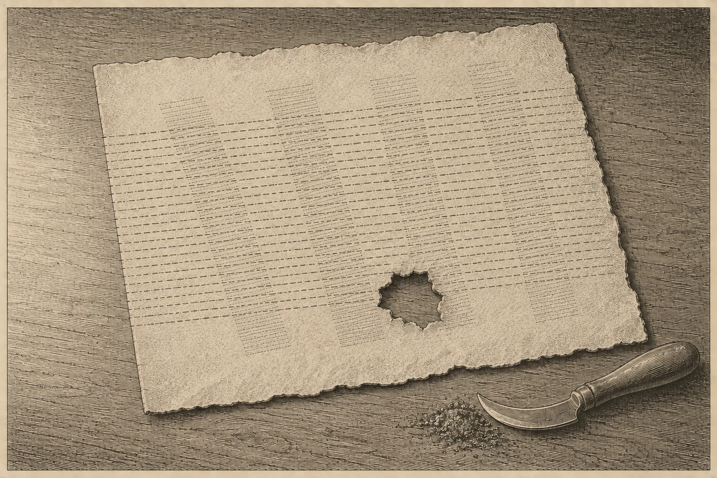Engraving of a single parchment leaf lying on a dark wooden table, seen from above and slightly to one side, its edges scalloped and uneven and a ragged hole torn through the lower half. Two layers of writing occupy the leaf, both rendered as fine engraved strokes and stipple with no readable letters: heavy broken rows of a later hand running square across it from edge to edge, and behind them the ghost of an older hand ruled into narrow vertical columns, much fainter and lifted away in patches. Four of those older columns can be made out; the left edge of the leaf has been cut straight where a fifth was trimmed off. A curved scraping blade lies at the lower right with a small heap of lifted debris beside it. Light comes from the upper left, rakes across the raised nap of the scraped skin and dies in the dark grain of the table. No person is present.