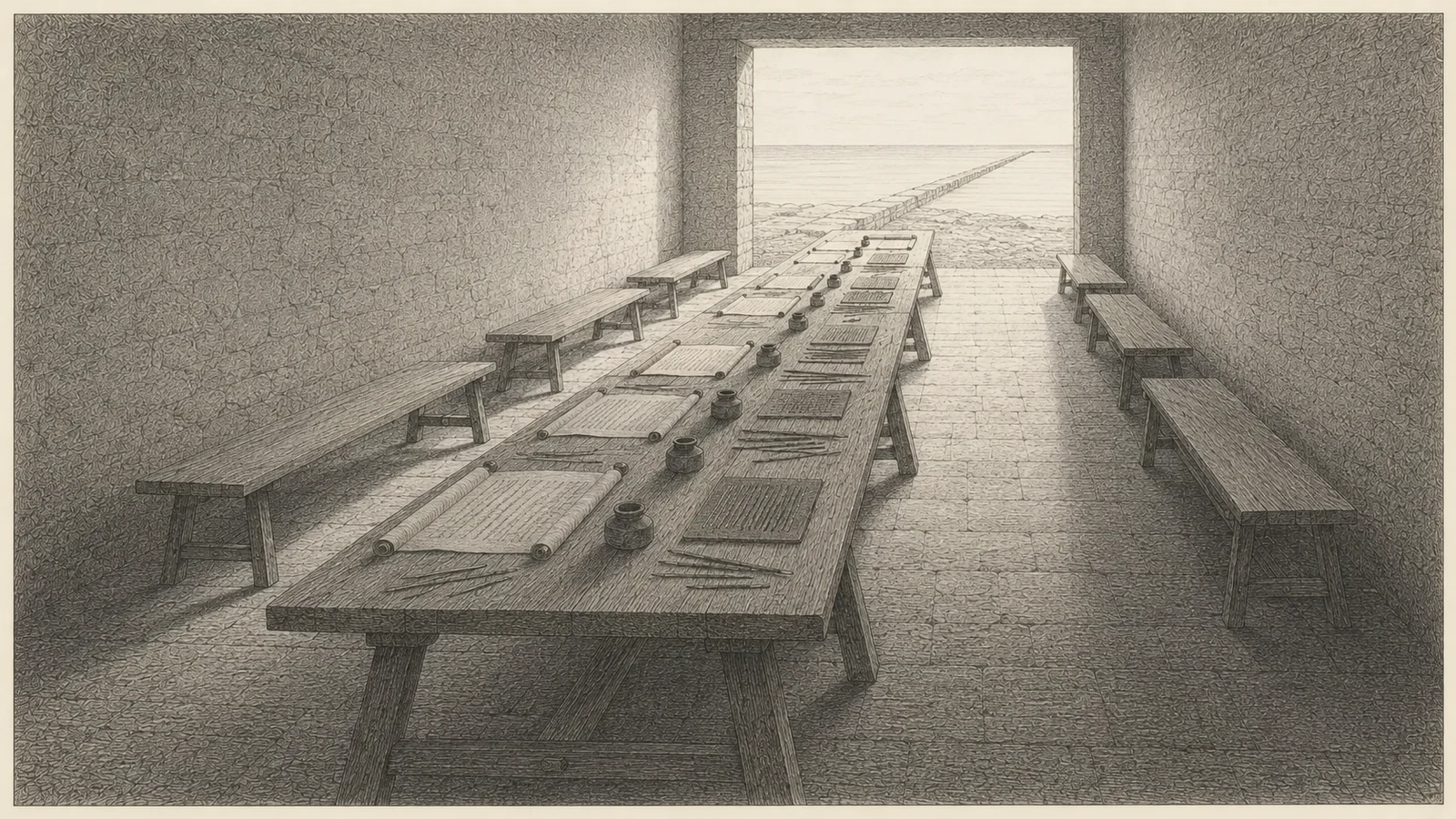 Wide engraving of the long interior of a plain stone house open to the sea, seen down its length from the shaded end. A single very long trestle table runs the depth of the room, its far end lit; on it, at intervals, lie open scrolls on wooden rollers, several writing tablets, a row of inkwells and grouped cut reeds, all the writing rendered as fine engraved strokes and stipple with no readable letters. Benches stand pushed back along both sides of the table and every one of them is empty. The side walls are unbroken masonry, without doors, cells, partitions or openings of any kind. At the far end a broad rectangular portal gives on to a bare strip of shore, flat water and a low causeway running straight out across it. Level morning light comes in off the sea through the portal, travels the whole length of the table, crosses the empty benches and dies in the long shadows at the near end. No person is present.