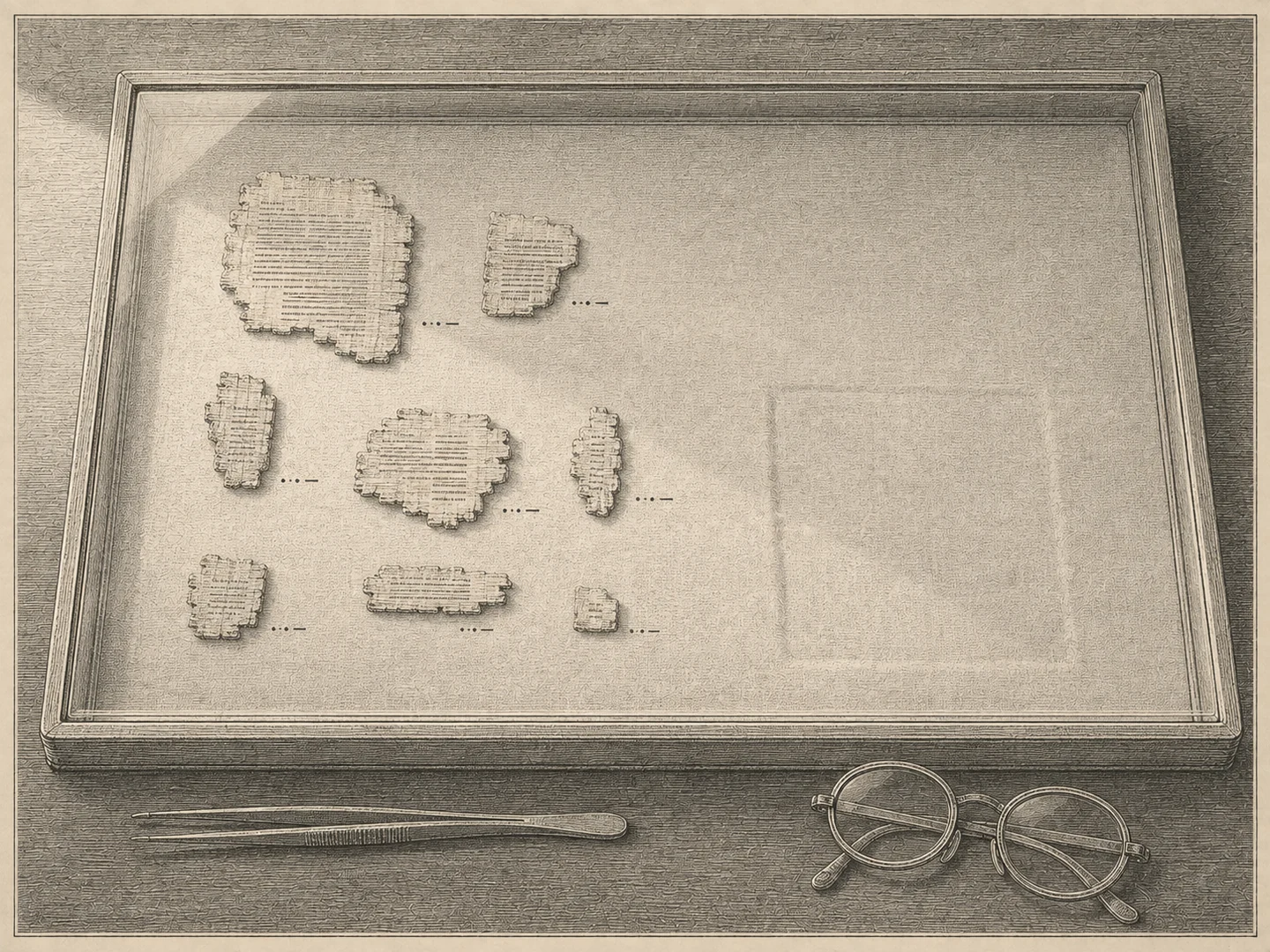 Engraving seen from almost directly overhead of a shallow glass-topped museum tray resting on a dark table, its inner surface lined with plain cloth. Eight small irregular fragments of papyrus lie clustered toward the left-hand half of it, each carrying lines of writing rendered as fine engraved strokes and stipple with no readable letters, their fibers and torn edges finely worked; the largest is about the size of a hand, the smallest barely wider than a fingernail. A small group of abstract dots and dashes is inked on the cloth beside each fragment as an inventory mark, and none of them is a letter. The whole right-hand side of the tray is bare cloth, and a faint rectangular impression shows in it toward the lower right where a rolled document once lay. A pair of slender tweezers and a folded pair of spectacles lie on the table just outside the tray&rsquo;s lower rim. Light falls from the upper left in a single broad band, glances off the glass at the upper left corner, crosses the fragments, throws their torn edges into low relief and fades over the empty cloth. No person is present.