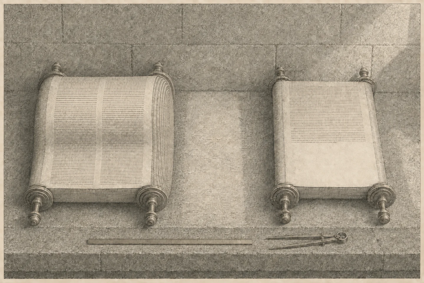 Engraving of a bare stone ledge against a block wall, seen from slightly above and in front, with two rolled scrolls of the same book laid on it side by side and parallel, each on its own pair of turned wooden staves. They are of the same making, and the left-hand roll is visibly the bulkier of the two by a clear margin. Both are partly unrolled toward the viewer, showing ruled columns of writing rendered as fine engraved strokes and stipple with no readable letters; the right-hand roll&rsquo;s exposed writing breaks off part way down and the remainder of the sheet is blank. Between the two rolls a broad pale strip of clean, unweathered stone runs front to back where a third roll stood and was taken away. A bronze rule marked with plain ticks and no numerals, and a pair of dividers, lie on the ledge below them. Light comes from a high window out of frame to the right, crosses both rolls, marks the difference in their girth against the wall behind and dies in the corner. No person is present.