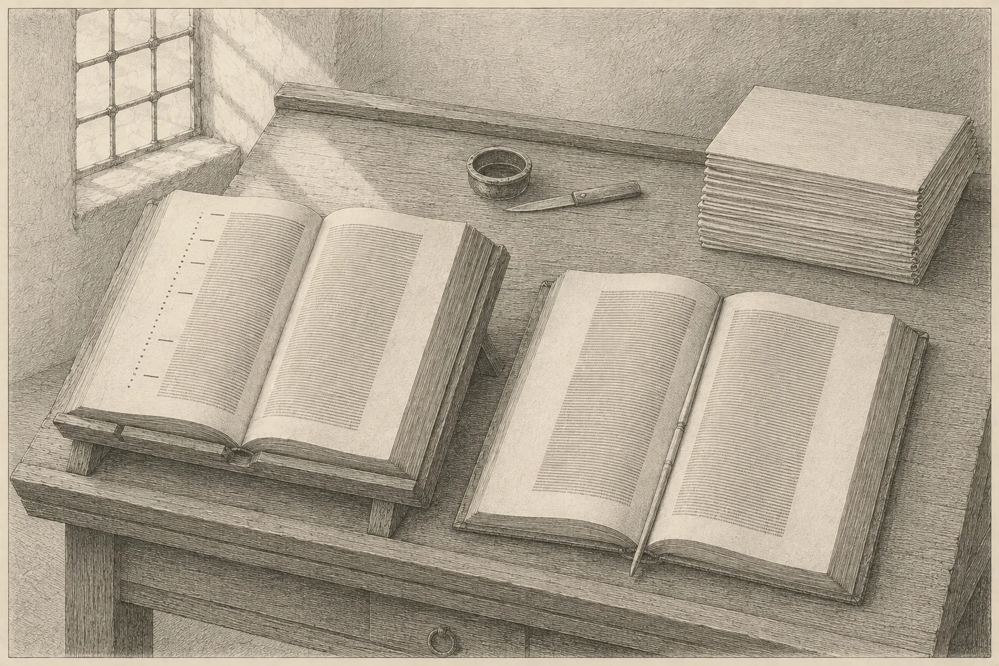 Engraving of a copyist&rsquo;s table seen from above the reading side, with two open books on it and a single drawer with a ring pull below. On the left, propped on a low stand, lies the exemplar: a codex ruled in one broad column, its far outer margin carrying a vertical file of small marks set against particular lines, and short strokes reaching in toward the text from several of them. On the right lies the new copy, ruled to the same measure and written to the same depth in the same hand, its text block complete to the foot of the page and its margins entirely bare from head to foot. All writing in both books is rendered as fine engraved strokes and stipple with no readable letters. A shallow inkwell and a knife lie between them, and a squared heap of finished quires stands at the right with every visible edge unmarked. Light comes through a leaded window at the upper left, falls across the exemplar&rsquo;s marked margin, crosses the gutter and flattens out over the blank margin of the copy. No person is present.
