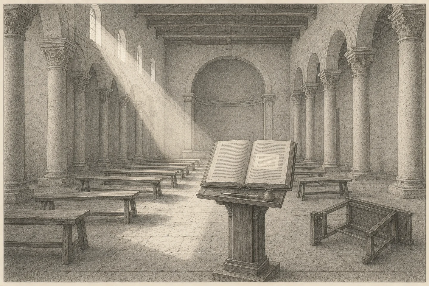 Engraving of the interior of a basilica seen down the nave, its columns and ornamented capitals receding toward a plain apse under open roof beams. A heavy codex lies open on a lectern in the near foreground, angled toward the empty floor; on its right-hand leaf a single short passage has been scraped down to a pale rectangle and rewritten in a second, smaller hand, and every other line on both leaves is rendered as fine engraved strokes and stipple with no readable letters. The nave behind it is entirely empty: rows of low benches stand out of line, and one is overturned on its side close to the viewer at the right. A knife lies flat on the lectern&rsquo;s ledge beside a small pot. Light falls in one steep shaft from the clerestory windows along the left wall, crosses the nave behind and to the left of the lectern, and spreads thinly over the bare stone floor. No person is present.