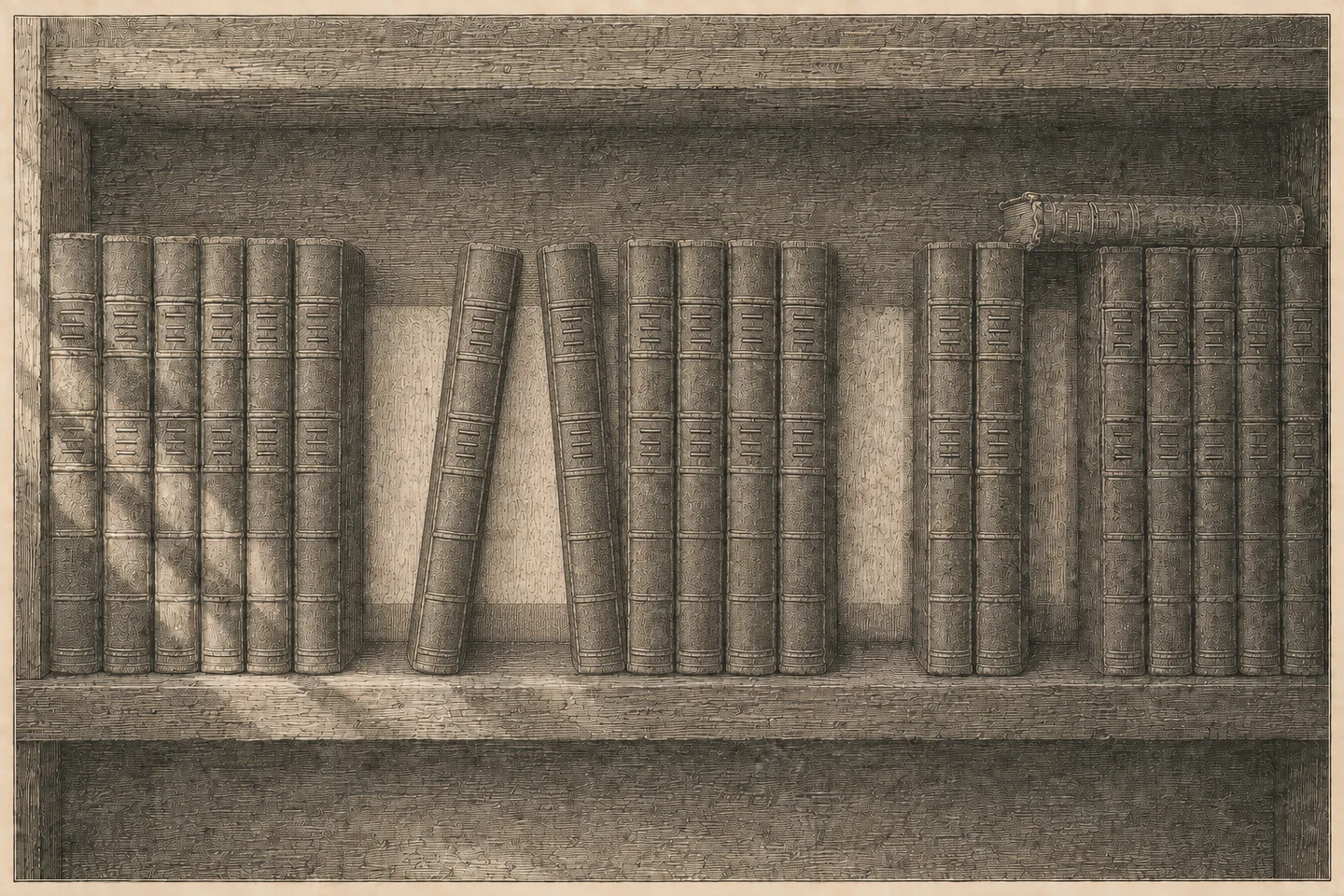 Engraving of a single library shelf seen straight on and close in, running the full width of the frame in a plain wooden case. Along it stands a run of matching bound volumes, identical in height, binding and the ruled panels stamped on their spines, the panels rendered as abstract stacked bars with no readable letters. Four separate gaps interrupt the run, each the width of one or more missing volumes and each showing the bare boards of the shelf and a paler unweathered patch at the back where nothing has stood; at the widest gap two volumes have fallen toward each other so that it narrows to a wedge. At the right-hand end a single volume lies flat on its side across the tops of the others, bridging part of the last gap and leaving the rest of it open below, its edges visibly more worn than the rest. Light comes from a window out of frame to the left, travels along the spines, drops into each gap in turn and fails before it reaches the far end of the shelf. No person is present.