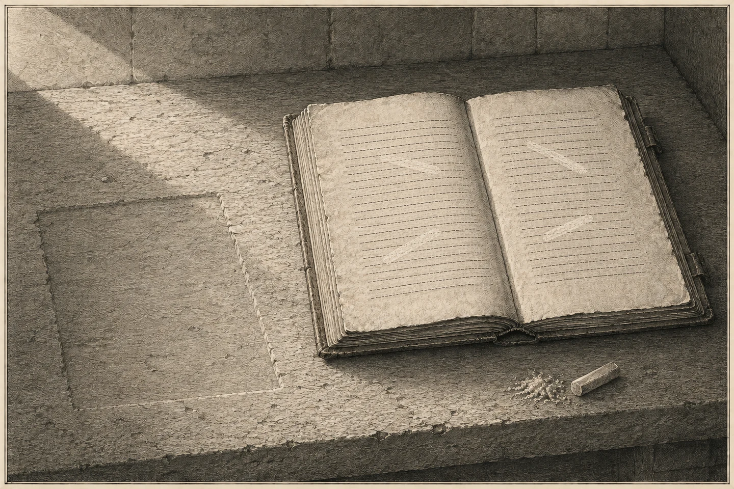 Engraving of a small parchment codex lying open on a stone bench, seen from above and to the left. Both visible pages carry close ruled lines of minuscule writing rendered as fine engraved strokes and stipple with no readable letters, and lying across them at intervals are four short pale chalk strokes, blunt and powdery, sitting on top of the writing rather than in it and crossing the ruled lines at a slant. A stick of chalk worn to a stub lies on the bench at the lower right with a scatter of loose crumbs beside it. To the left of the codex a shallow rectangle is marked out in the dust where a second book stood and was taken away. A plain masonry wall rises behind. Light enters from the upper left, crosses the bench in a broad band, catches the raised nap of the parchment and the powder of the chalk, and dies in the shadow at the lower right. No person is present.