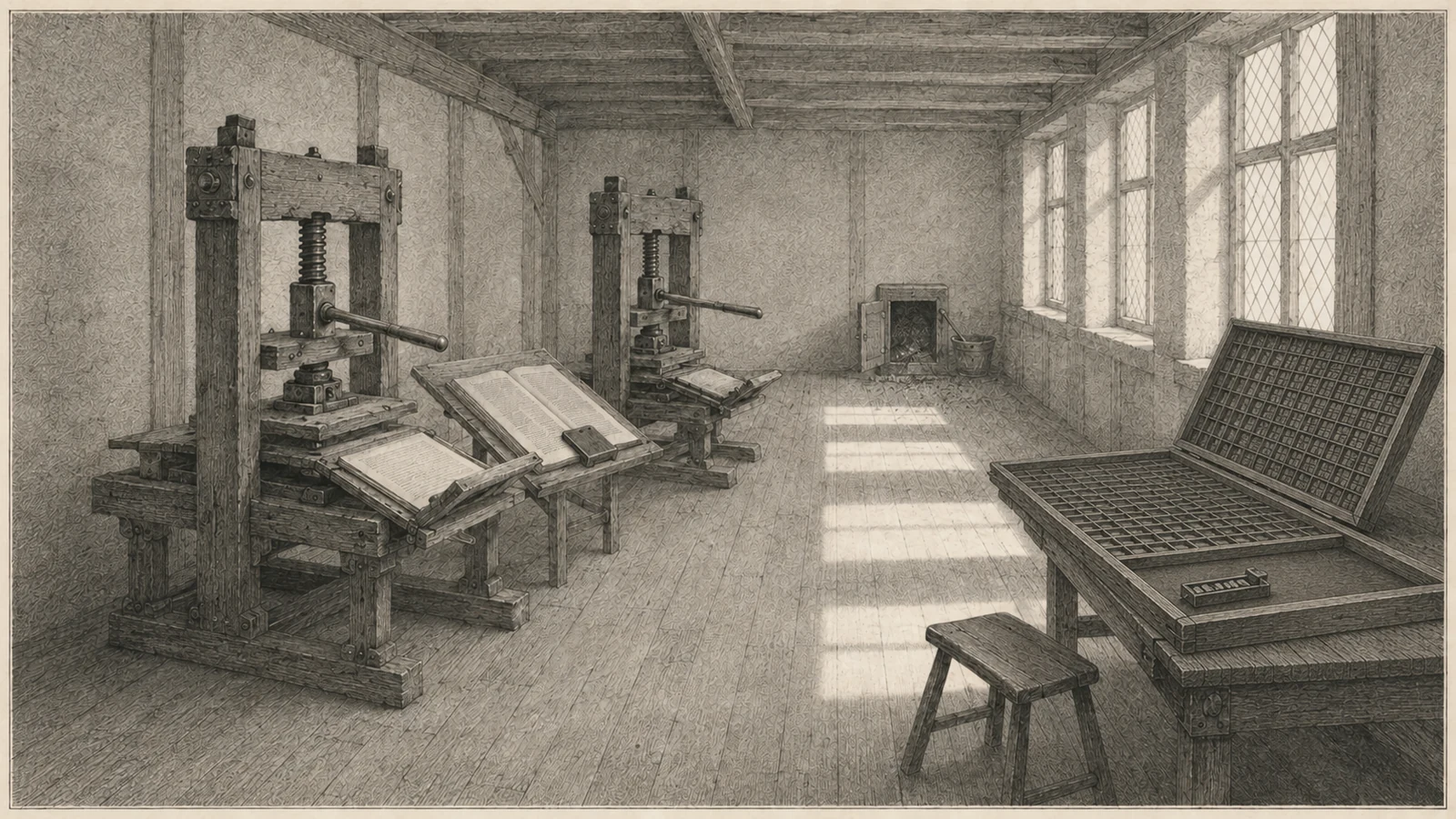 Wide engraving of the floor of a sixteenth-century printing house at first light, seen down its length. Two wooden hand presses stand at the left and center, their platens screwed down and their tympans open, one of them carrying a ruled sheet; between them a sloped copy-holder holds an open codex, its script rendered as ruled engraved lines and stipple with no readable letters. At the right a compositor&rsquo;s frame carries an upright type case with its compartments filled, above a broad flat working surface that is bare except for a composing stick laid down on it, the metal in it showing only its feet and nicks with the faces hidden. A stool stands pushed back from the frame. At the far end a masonry hearth with an iron door stands cold, a bucket beside it. Level early light comes through a range of tall windows down the right-hand wall and lays flat panels across the boards, crossing the empty floor and dying under the presses. No person is present.