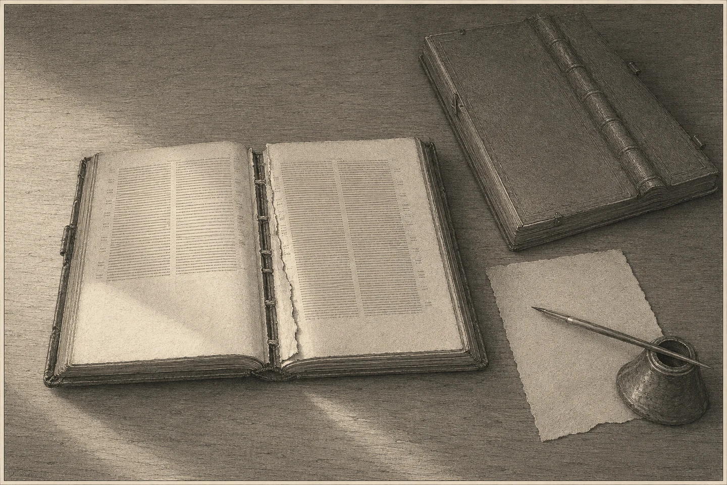 Engraving of a small codex lying open at its last gathering on a plain table, seen obliquely from above and to the right. Both pages carry two ruled columns of writing rendered as fine engraved strokes and stipple with no readable letters, with small marks down the outer edges; the writing on the left-hand page stops two-thirds of the way down and the rest of it is blank. Running out of the gutter between the pages is the ragged stub of a cut leaf, its torn inner edge standing proud along the exposed sewing cords. To the right of the codex lie a blank deckle-edged sheet with a slender pen across it, a small rounded inkwell, and a second book closed and face up with its boards clasped. Light comes in low from the left, crosses the blank foot of the page, catches the raised stub in the gutter and fades into the dark grain at the right. No person is present.