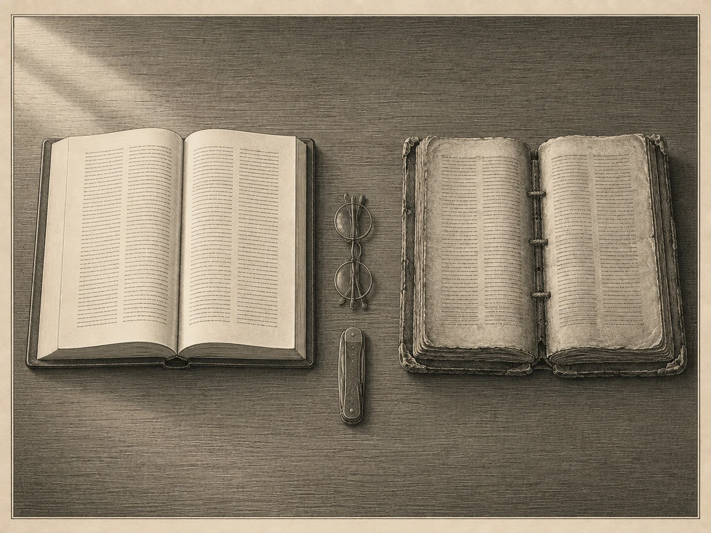 Engraving seen from directly overhead of two open books of the same size lying side by side on a dark grained table. The one on the left is new: its boards square and sharp, its leather unmarked, its bright pages arching against a sewing still too tight to let them lie flat, its outer corners clean and unsoiled. The one on the right is old: its boards bowed, its leather rubbed through at the corners, several cord bridges standing exposed across the spine where the covering has gone, and the outer edge of every leaf darkened in a curve where centuries of thumbs have turned it. Both carry ruled columns of text rendered as fine engraved strokes and stipple with no readable letters. Between them lie a pair of round spectacles with their arms folded and, below, a closed folding knife. Light rakes in from the upper left in a single broad shaft, glances off the unworn leather of the new book and flattens out across the worn hollows of the old one. No person is present.