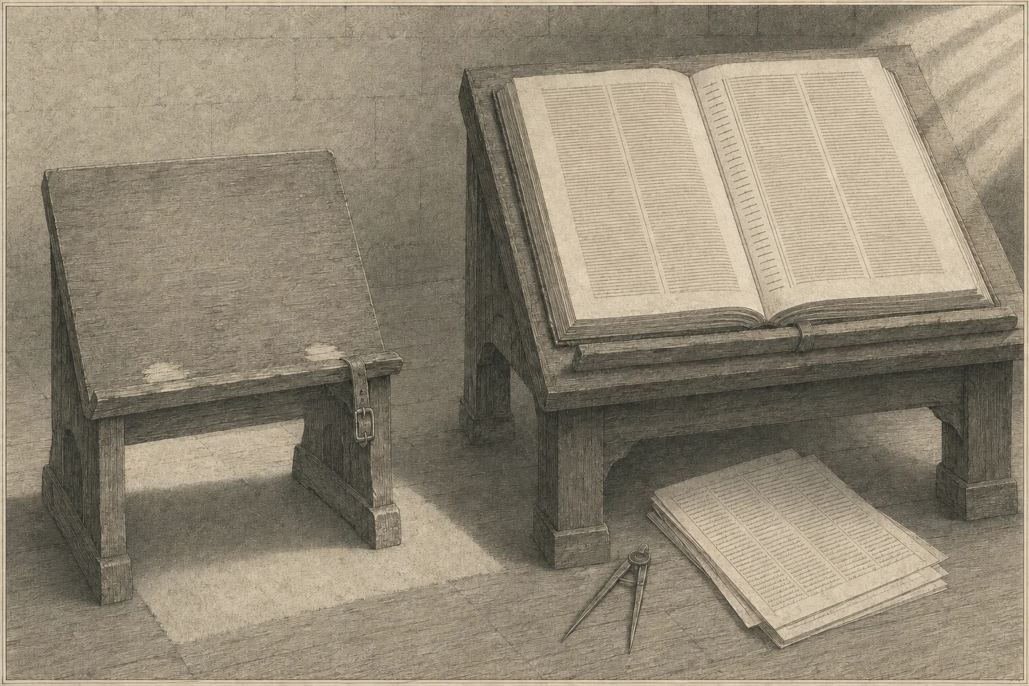 Engraving of two sloped reading desks standing side by side on a stone floor, seen from slightly above and to the left. On the right-hand desk a large folio lies open, its pages carrying ruled columns of text rendered as fine engraved strokes and stipple with no readable letters, and beside the inner column runs a narrow channel of short entries, each an abstract stroke or tick and none of them a letter or a numeral. The left-hand desk is empty: its sloped ledge bare, worn pale in two places where the boards of a book have rested, its clasp-strap hanging loose over the front edge. A pair of dividers and a stack of loose written sheets lie on the floor at the foot of the desks. Light enters from a tall window off the frame at the upper right, crosses the open folio, and throws the empty desk&rsquo;s shadow broad across the floor to its left. No person is present.