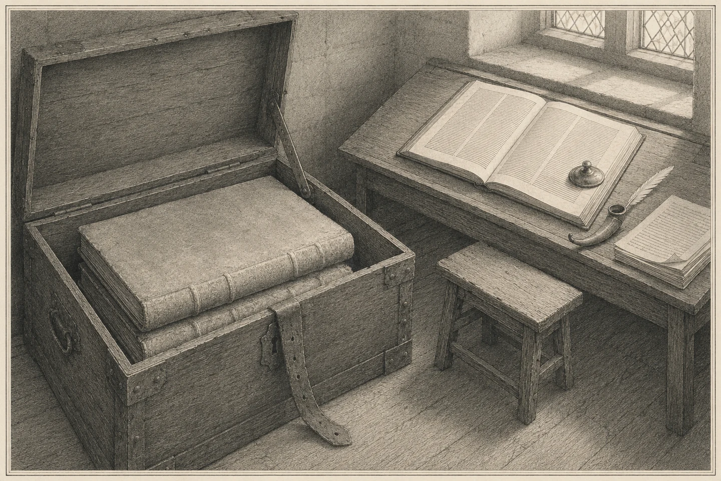 Engraving of a study corner seen from slightly above. In the foreground an iron-bound wooden chest stands open, its lid propped on a strut and a leather strap hanging down its front; inside, laid flat, are two very large codices in worn medieval bindings, their boards a little bowed, an even pale film of dust lying unbroken across the upper one and softening the raised bands of its spine. Beyond it, on a table under a leaded window, a printed folio lies open and plainly in use, its type rendered as ruled engraved lines and stipple with no readable letters, with a lidded inkwell standing on the page, a quill and a horn beside it, and a stack of written sheets running off the right edge of the frame. A plain stool stands between the two, pushed toward the table and away from the chest. Light falls from the window at the upper right, lands full on the open folio and carries across the room to the chest. No person is present.