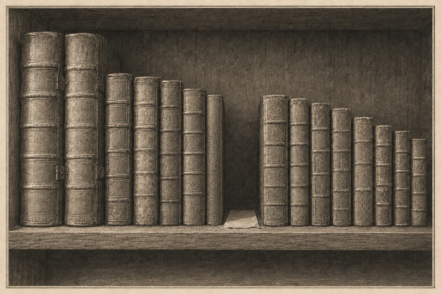 Engraving of a single library shelf seen straight on and close in. Along it stand fifteen bound volumes of visibly different manufacture &mdash; two tall folios at the left with heavy raised bands and clasps, then a descending run of quartos and small pocket volumes to the right &mdash; their spines of different heights and thicknesses, their tooling closely related but never identical, and no lettering legible on any of them. Seven volumes stand to the left of a gap and eight to the right. The gap is a little wider than the narrow volume beside it, and at the back of it the shelf board shows bare where nothing has stood; a folded slip of paper lies flat in it with one edge curled, and a fine ridge of dust runs along the front edge where the neighbors were pushed apart. Light comes from the left at a low raking angle, models every spine separately, and leaves the recess of the gap in shadow. No person is present.