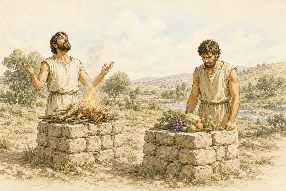 Cain looks angry beside his produce offering while Abel stands at his offering.