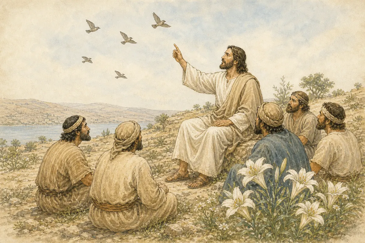 Jesus teaches on a hillside, pointing to birds above and lilies nearby.