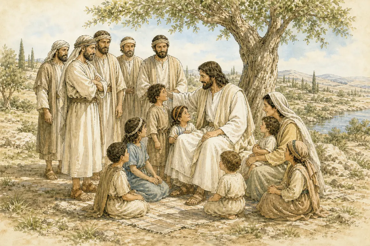 Jesus welcomes and blesses children while adults gather nearby.