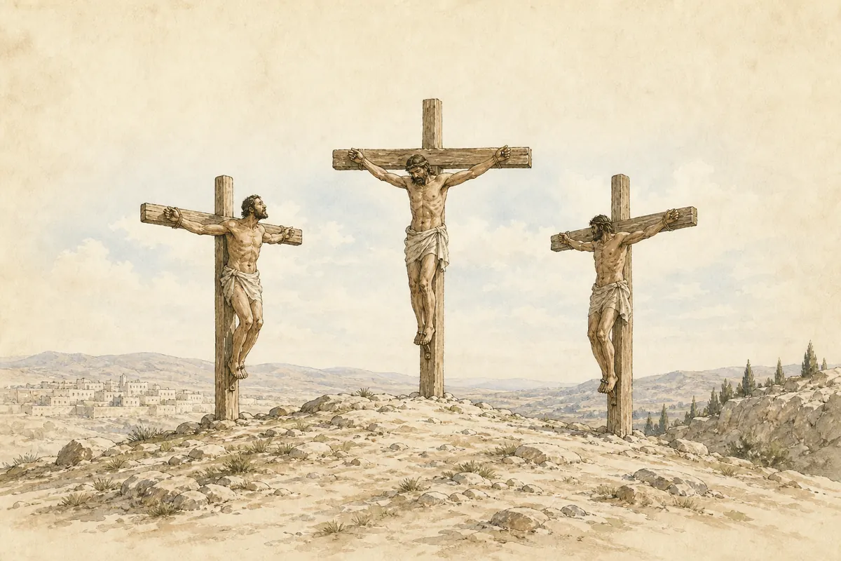 Three crosses stand on Golgotha as one criminal turns toward Jesus.