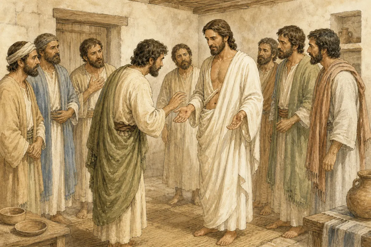 Thomas stands before the risen Jesus as the disciples watch.