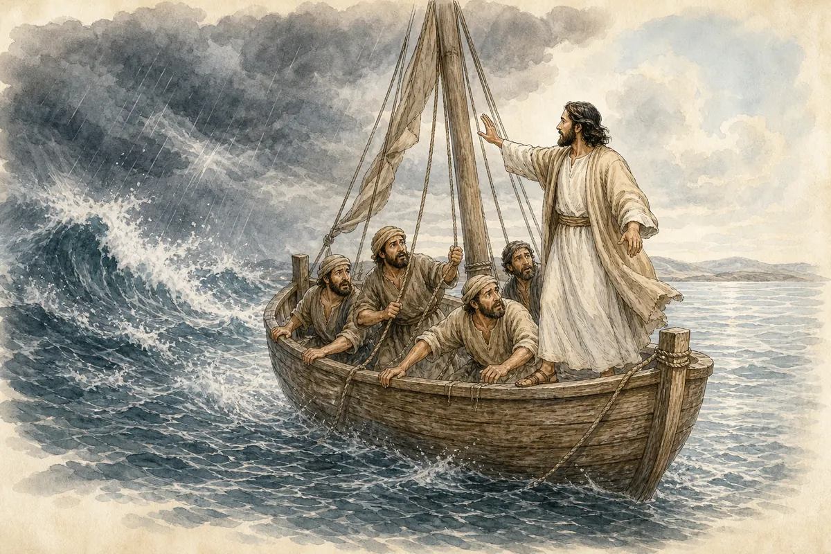 Jesus stands inside the storm-tossed boat as the frightened disciples cling to it.