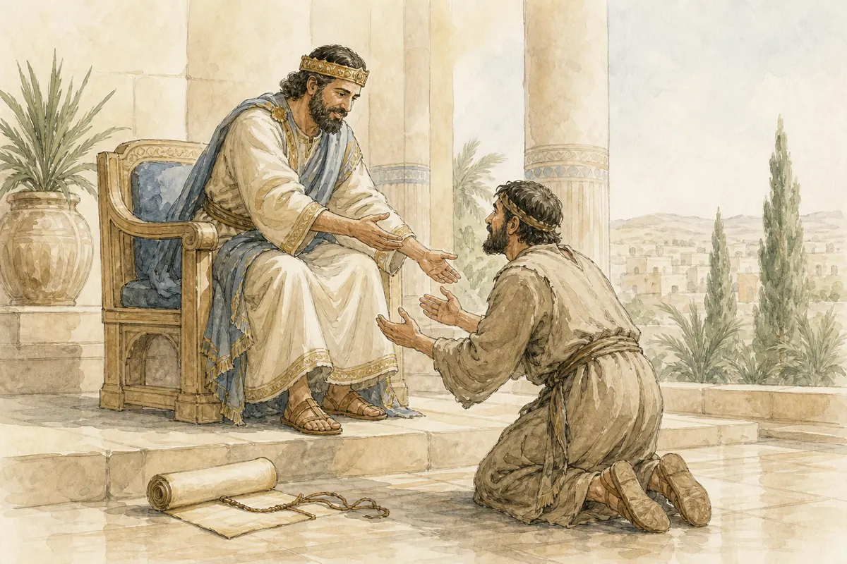 A merciful king reaches toward the kneeling servant whose debt he cancels.