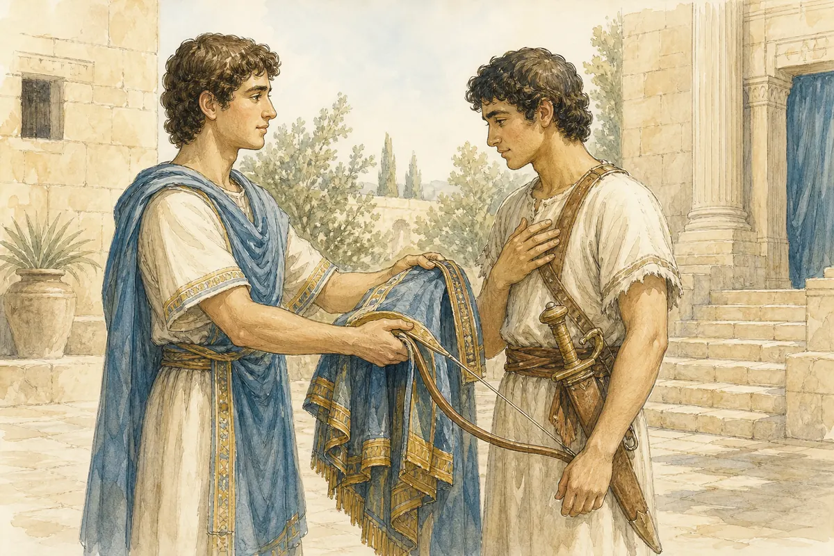 Jonathan gives David his robe and bow as a sign of covenant friendship.