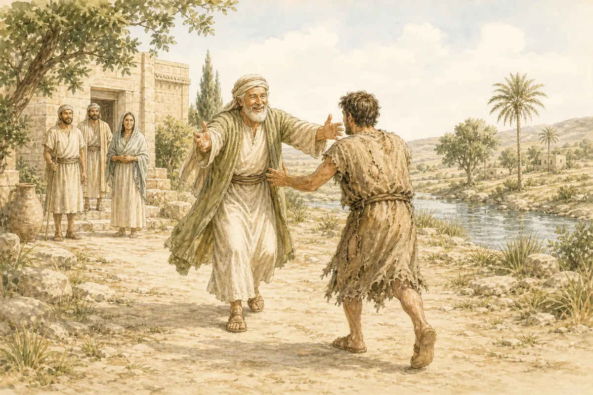 The father runs to embrace his returning ragged son.