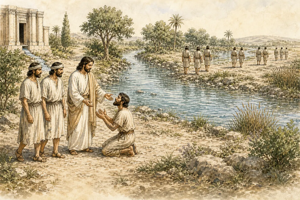 One healed Samaritan returns to thank Jesus while the other nine walk away.
