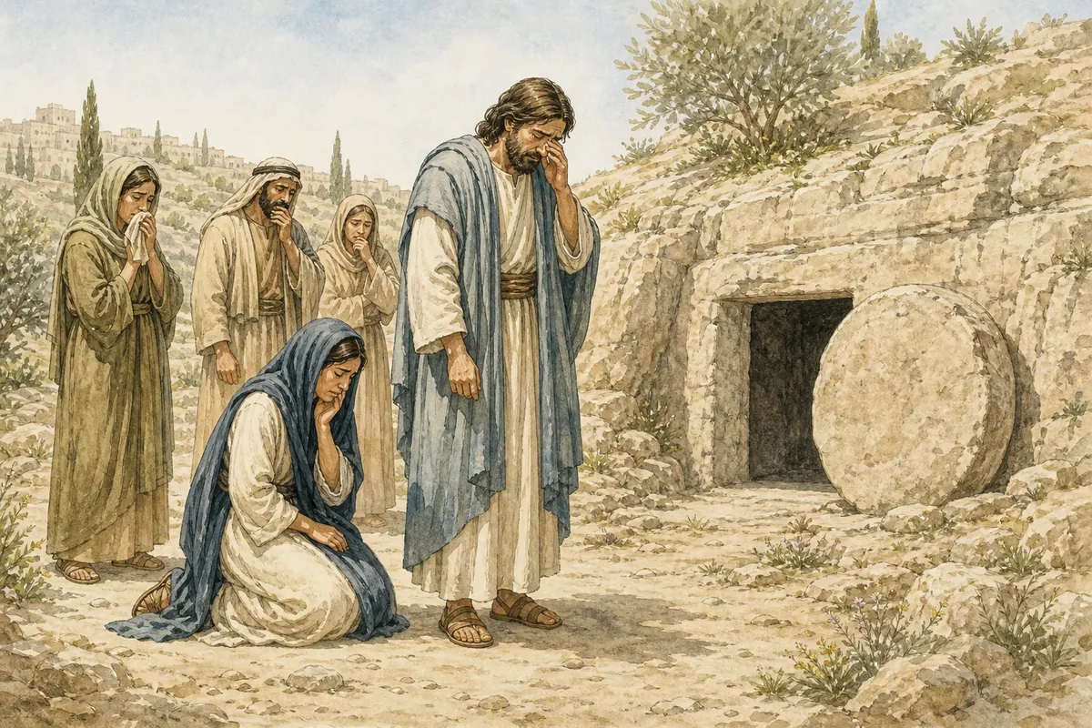 Jesus weeps with Mary and mourners outside Lazarus's tomb.